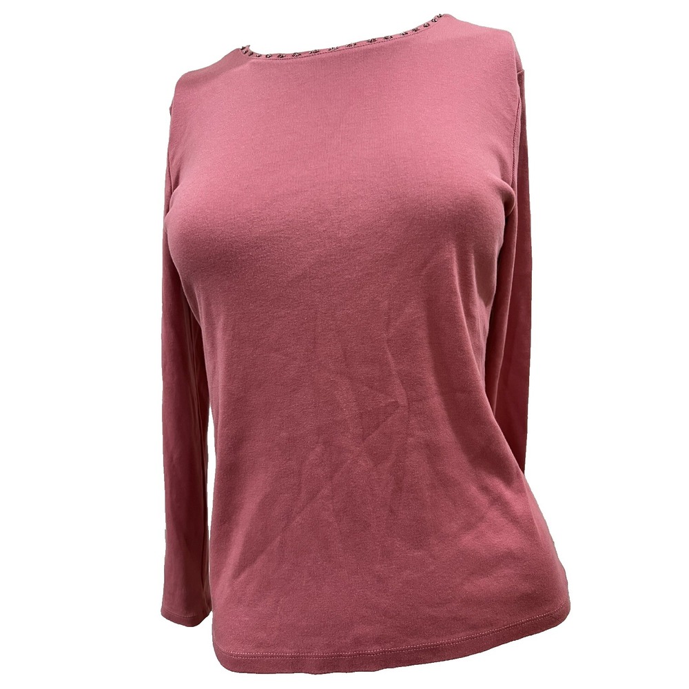 Ann Taylor Women's Cotton T-Shirt Pink Knit Beaded Neck Long Sleeve Blouse Small